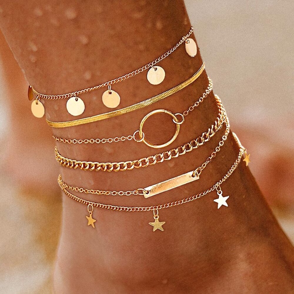 5PCS - ANKLETS Boho Charms and Beaded Layered Gold Dipped Chains Summer Set NEW